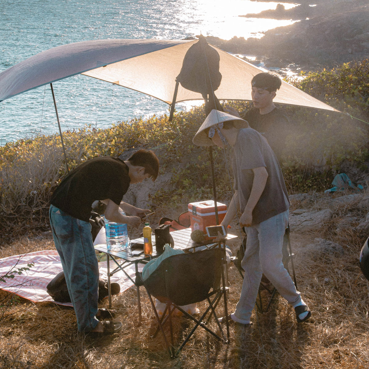 Young people having a picnic together